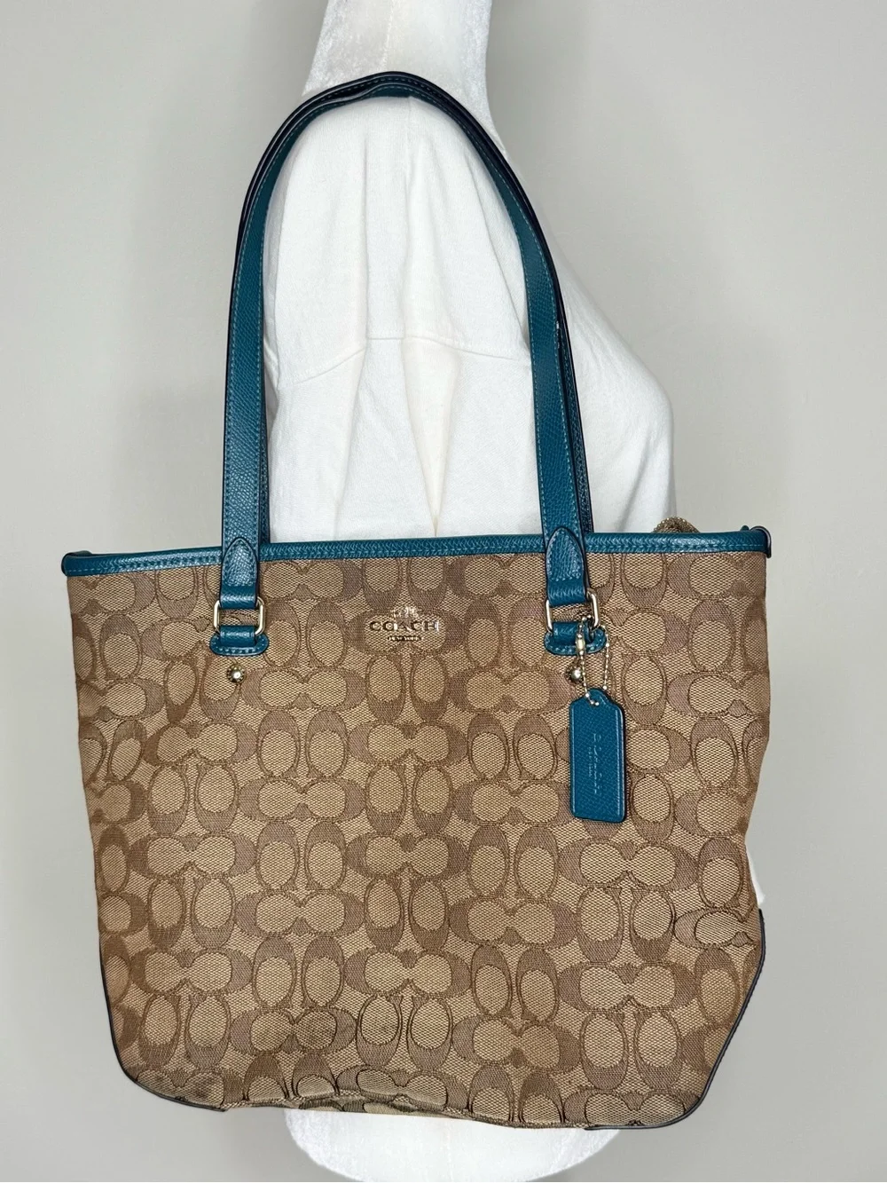 Coach Signature Canvas Tote with Teal Leather Trim
